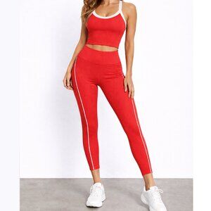 WILO NWT Scoop Crop & Legging Set 2 Piece Bundle Ribbed Red White Women's Small